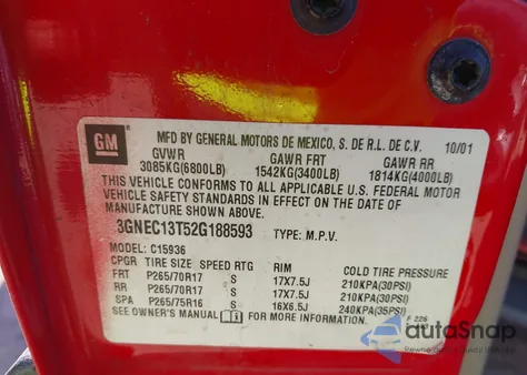 2002 Chevrolet Avalanche 1500 из США, поврежденный, VIN 3GNEC13T52G188593